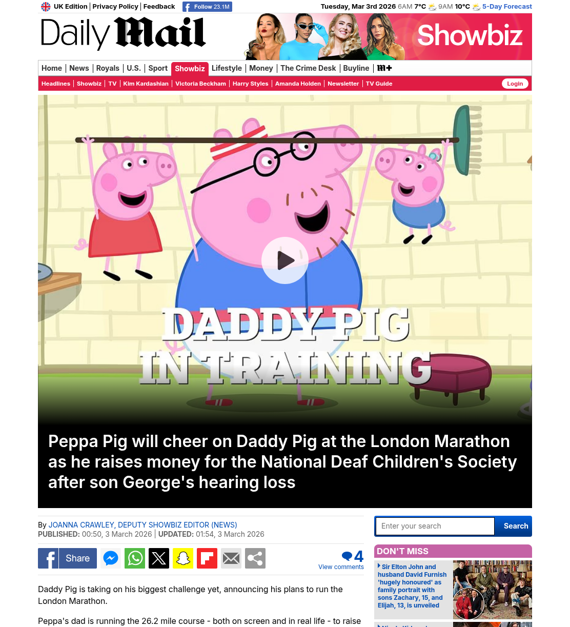 A vibrant illustration featuring Peppa Pig wearing a pink dress, animatedly watching Daddy Pig in a blue outfit, who stands proudly in a training pose with a determined smile. The background shows a whimsical interior, complete with colourful walls and playful décor, creating a cheerful atmosphere.