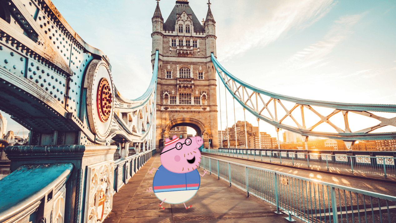 A whimsical cartoon pig character in a blue and pink outfit stands on the iconic Tower Bridge, framed by the grand Gothic architecture and towering spires. The sun casts a golden glow over the scene, enhancing the vibrant hues of the bridge's steel structure and the tranquil waters below.