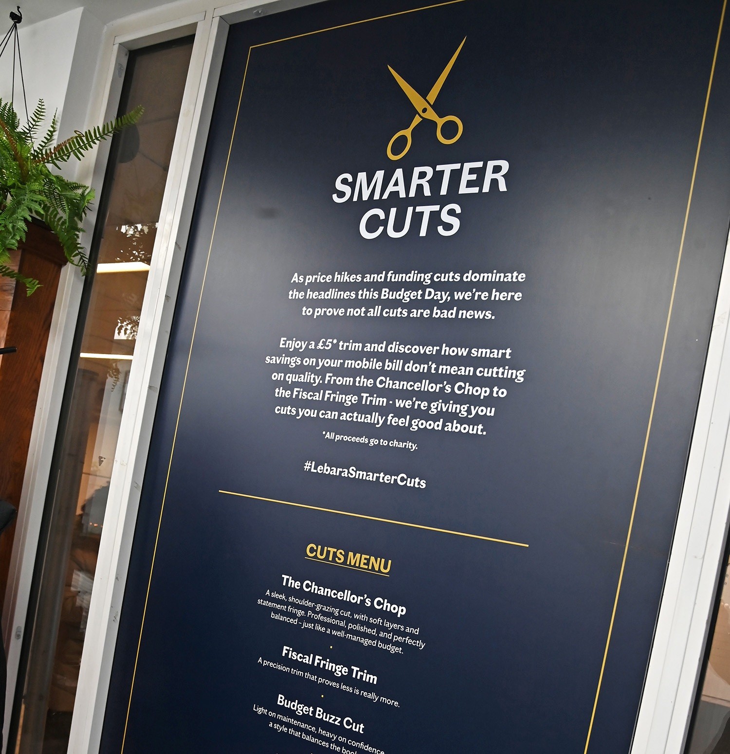 A large poster mounted on a wall, featuring a sleek navy blue background adorned with bold white typography proclaiming "SMARTER CUTS". Below, a detailed text outline describes various haircut options, while a subtle graphic of scissors adds a playful element. A lush green plant peeks out from the corner.