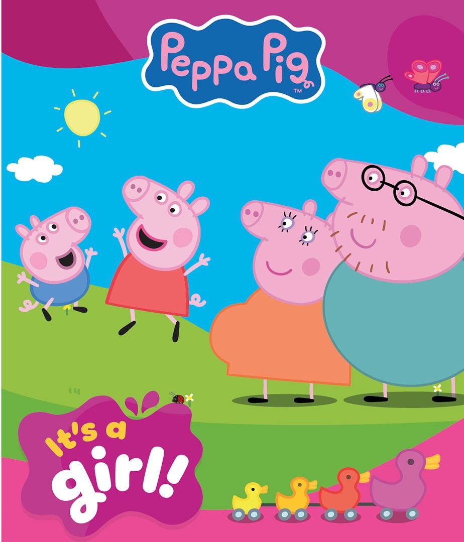 In a vibrant children's illustration, four cheerful pig characters stand on a grassy hill under a bright blue sky adorned with fluffy white clouds and a smiling sun. The foreground features a small pig in a blue dress, next to an adult pig wearing a red dress. A larger adult pig, wearing glasses and a blue shirt, stands alongside a pink pig in an orange dress. Below, colourful toy ducks line the base, enhancing the playful atmosphere.