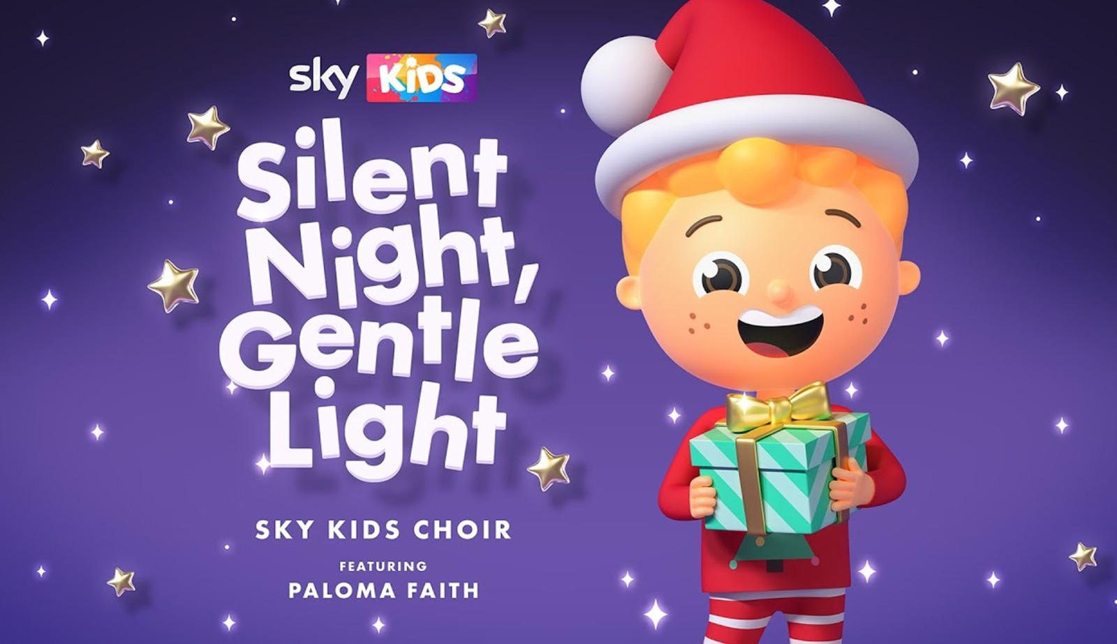 A cheerful cartoon character with bright orange hair, dressed in a red Santa hat and striped outfit, holds a beautifully wrapped gift. The background is a rich violet adorned with golden stars, highlighting the title 'Silent Night, Gentle Light' above the Sky Kids logo.