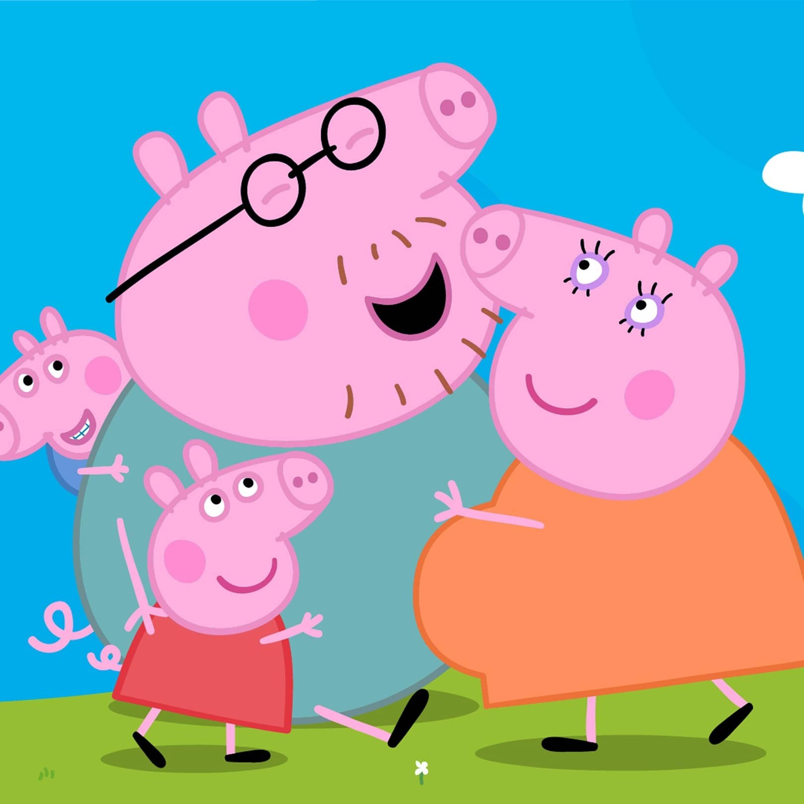 A playful family of cartoon pigs, featuring a cheerful father wearing glasses, a lovingly round mother, and two joyful piglets. Bright pink hues contrast against a vivid blue sky, accompanied by soft white clouds and lush green grass, creating a joyful and inviting atmosphere.