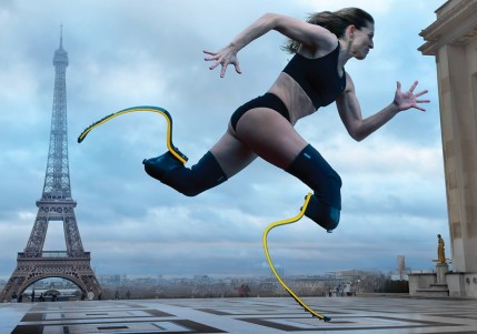 A determined woman strides forward in mid-run, showcasing sleek, adaptive leg prosthetics that extend dynamically behind her. Clad in a black sports bra and shorts, she races against a backdrop featuring the iconic Eiffel Tower, framed by a cloudy sky that adds an ethereal atmosphere.