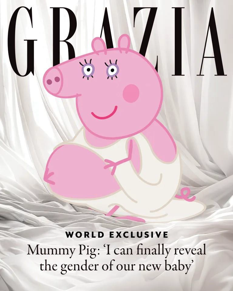 A playful cartoon character, Mummy Pig, sits gracefully on a luxurious, flowing white backdrop, with soft drapes creating a serene atmosphere. She has a soft pink hue, large friendly eyes, and a gentle smile, wearing a simple white dress, reflecting a blend of charm and warmth.