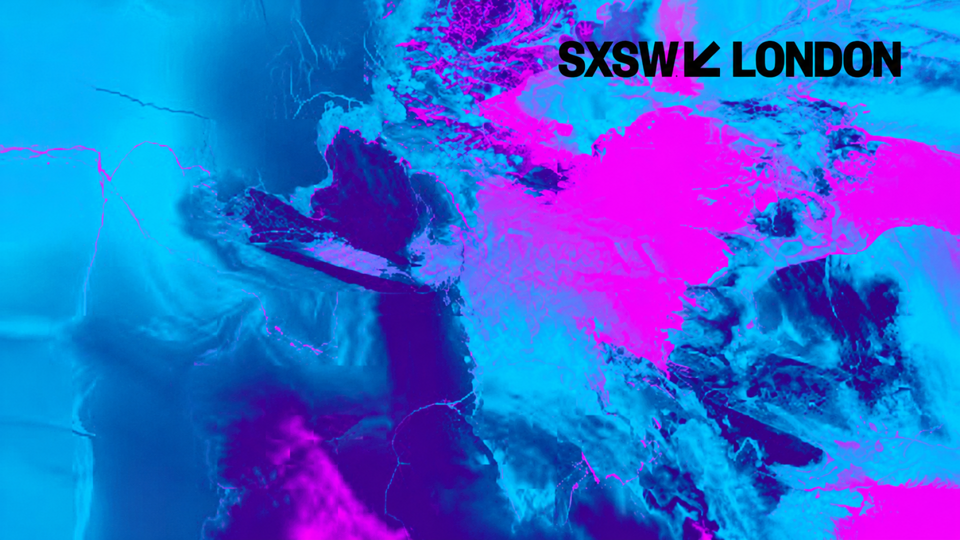 An abstract digital map in vivid shades of blue and pink, showcasing a stylised view of London. The design features smooth textures with swirling patterns that evoke a sense of depth, and the bold text "SXSW LONDON" is prominently displayed in black, adding a modern touch.