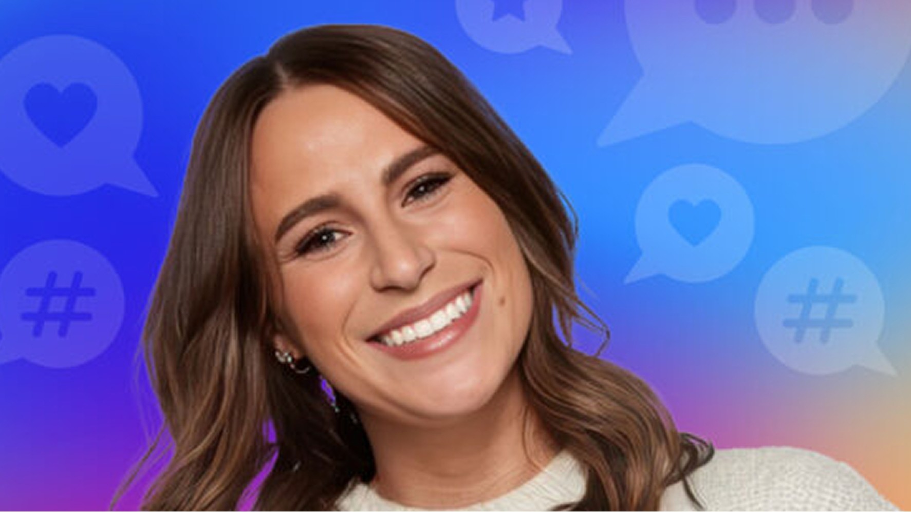A woman with long brown hair and a radiant smile stands against a vibrant gradient background featuring speech bubbles and hashtags in various colours. She is dressed in a white sweater, conveying a warm and approachable vibe within the lively, social media-themed atmosphere.
