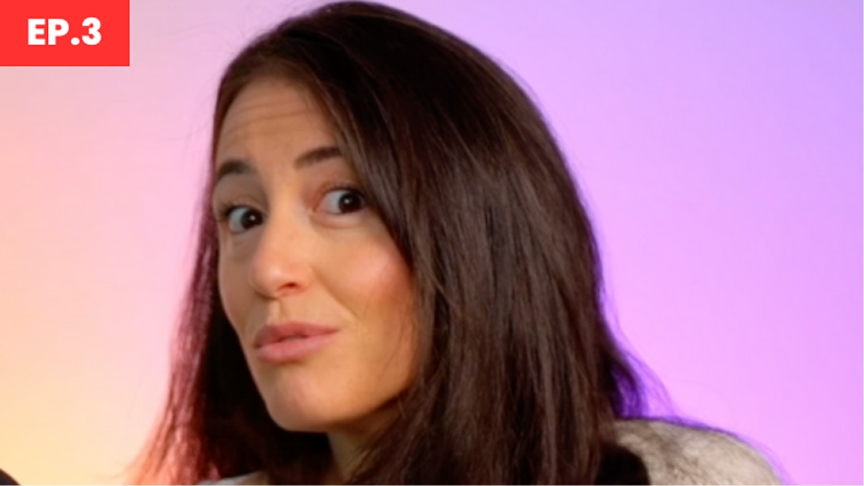 A woman with long, dark hair and a subtle smile is shown against a softly lit, gradient background blending pink and blue hues. She wears a light-coloured sweater, adding warmth to the scene, which is framed by a prominent red corner featuring 'EP.3.' in bold letters.