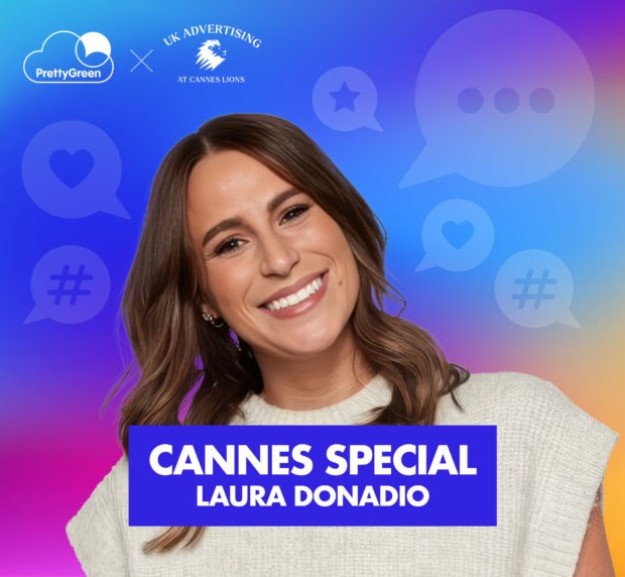 A vibrant graphic featuring Laura Donadio, who is smiling against a digital backdrop of soft purple and blue tones. The design includes speech bubbles and hashtags, adding a contemporary feel. Bold text below her reads 'Cannes Special,' enhancing the artistic composition.