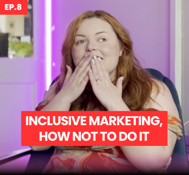 A woman with long wavy auburn hair sits in a comfortable chair, her hands raised to her mouth as if surprised or thoughtful. The background features a softly lit room with purple hues, and a text overlay boldly states, 'Inclusive Marketing, How Not to Do It,' in striking red.