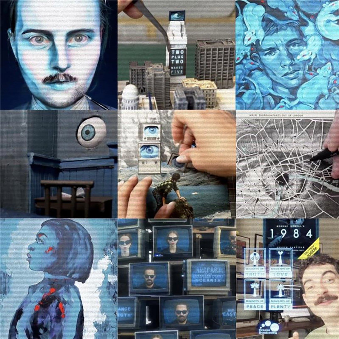 A collage of nine distinct images, featuring a blend of cool blues and stark contrasts. It includes a portrait of a man with a prominent mustache, various abstract portraits, and urban scenes with CCTV imagery. The overall atmosphere is moody and contemplative, reflecting themes of surveillance and society.
