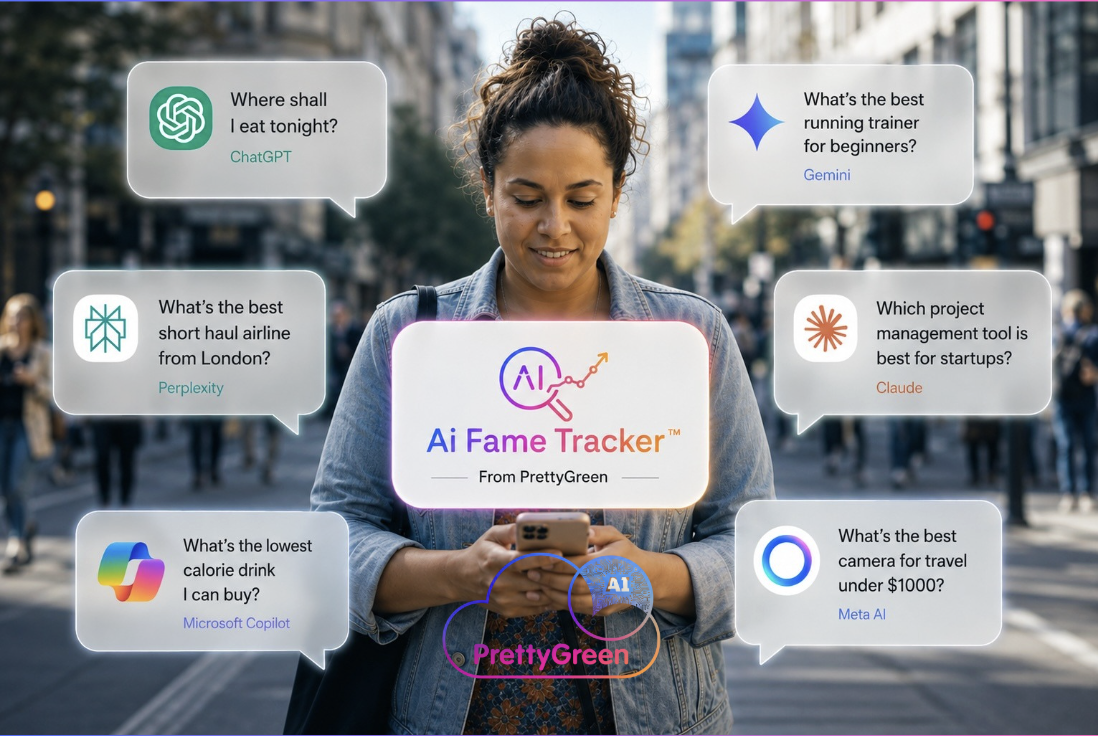 A woman in a stylish jacket stands on a bustling urban street, engrossed in her smartphone. Floating text bubbles around her display AI-related queries and application names. Sunlight illuminates the modern architecture, enhancing the vibrant city atmosphere.