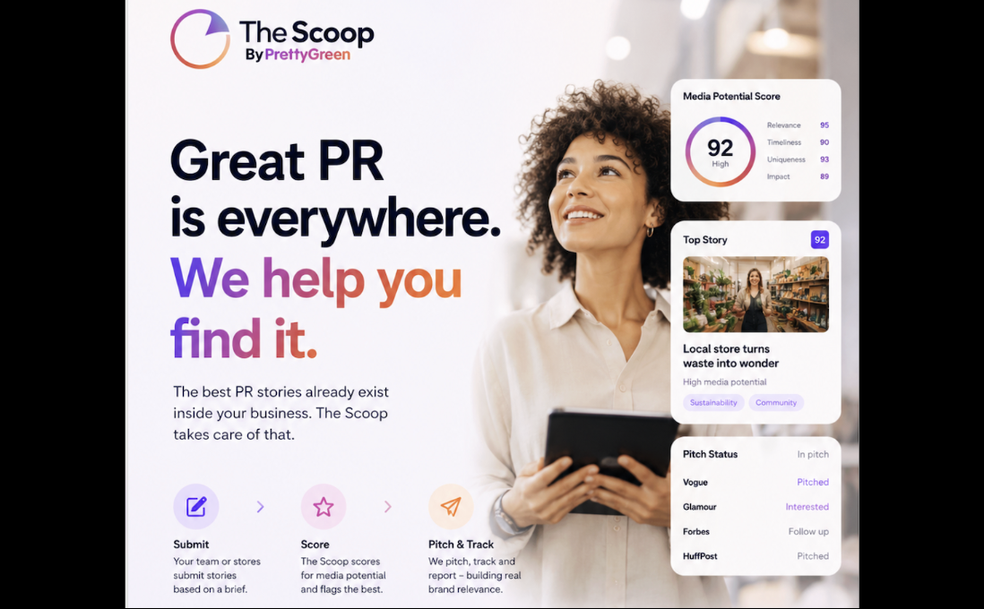 An inviting digital dashboard titled "The Scoop by PrettyGreen" features a warm light background. A woman with curly hair wearing a soft beige blouse holds a tablet, looking upward with a thoughtful expression. Informative sections on PR stories and scores are neatly arranged, blending modern design with engaging content.