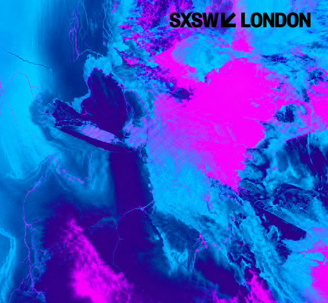 A vibrant and dynamic abstract design displaying deep blues and striking magentas. Swirling patterns evoke a sense of movement, reminiscent of aerial views of cities and landscapes. The bold text 'SXSW LONDON' contrasts sharply against the colourful background, creating a futuristic aesthetic.