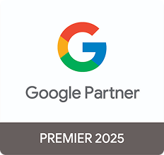 A digital badge featuring the Google logo in vibrant blue, yellow, green, and red hues, prominently displayed beside the words "Google Partner" in a modern sans-serif font. Below, the text "PREMIER 2025" complements the design, all set against a crisp white background, projecting a sense of prestige and innovation.