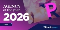 A vibrant graphic depicting the title "Agency of the Year 2026" in bold, white letters against a rich purple background. The large, stylised letter 'P' in bright pink is featured prominently, surrounded by soft light bursts, suggesting celebration. The bottom left includes the text "EMEA" and the logo for PRovoke Media.