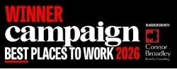 A bold, high-contrast graphic design featuring the word 'WINNER' in striking red, followed by 'campaign' in large, elegant white font. Below, the phrase 'BEST PLACES TO WORK 2026' is highlighted in a clean, modern font. The logo of Connor Broadley, a benefits consulting firm, is positioned to the right, adding sophisticated branding to the composition, all set against a sleek black background.