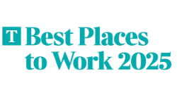 An elegant logo featuring the text "THE SUNDAY TIMES Best Places to Work 2025" in a bold teal font, accompanied by a small organisation badge, all set against a clean, white background. The design exudes professionalism and recognition.