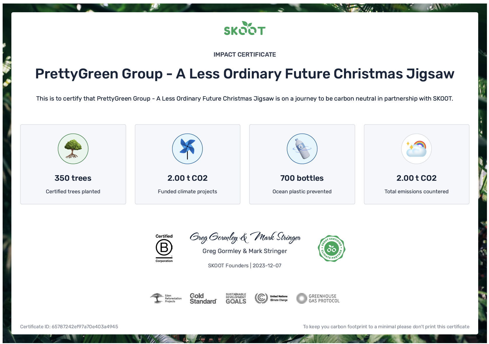 PrettyGreen sustainability impact certificate