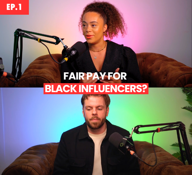 A man in a white tshirt and black jacket and a black woman in a black dress are talking into microphones, text on the screen says 'fair play for black influencers'