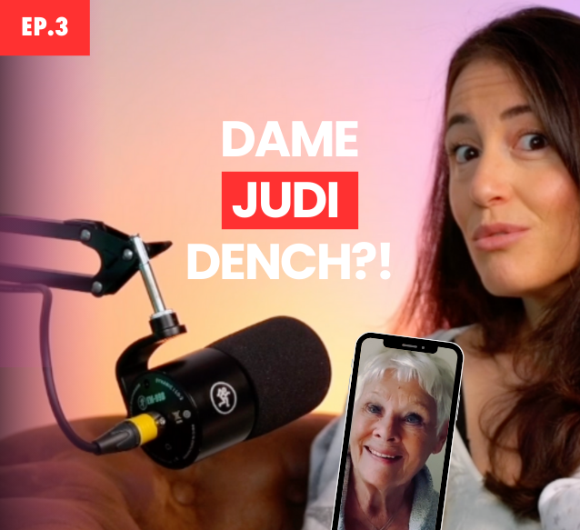 Episode 3 is labelled in the top left corner, a woman speaks into a microphone while looking at the camera with a picture of Judi Dench displayed on a phone below