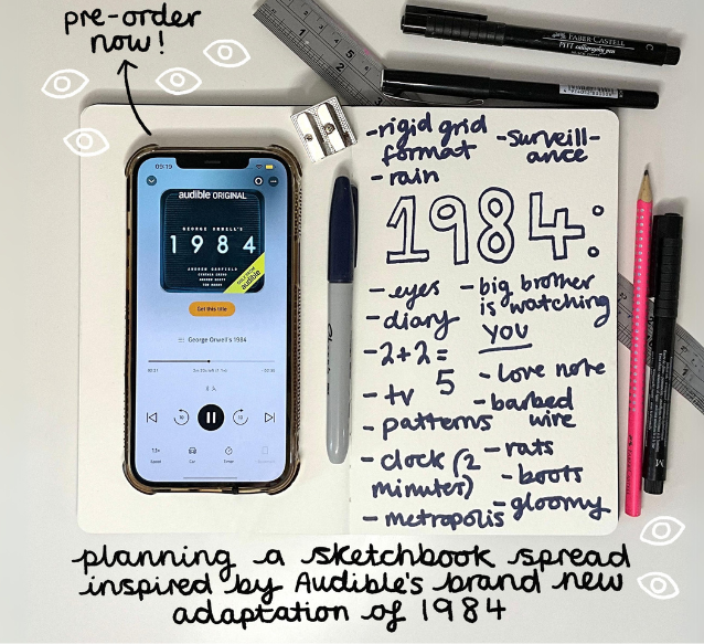 A phone lies on a spread notepad that has ideas about 1984 written on. Pens and pencils lie around the pad.