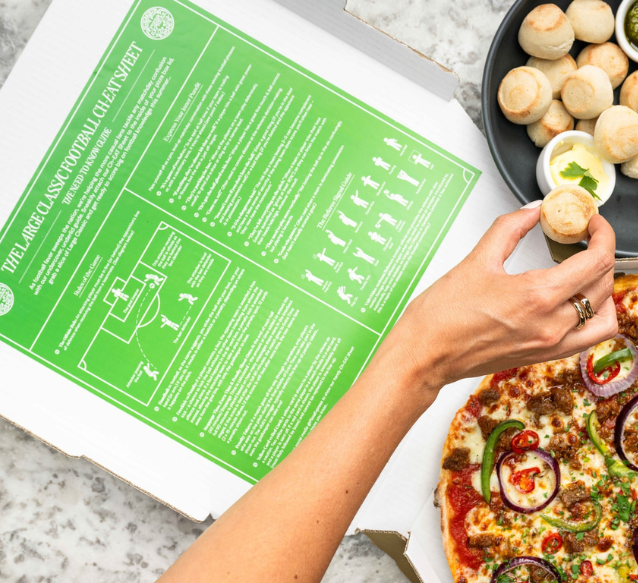 A hand reaches for a dough ball next to a plate of Pizza and PizzaExpress's new chEat sheet