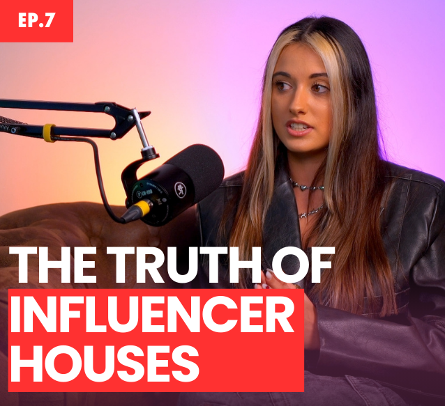A woman in a leather jacket speaks into a microphone looking animated. Text on screen says 'Ep.7' and 'The truth of influencer houses'