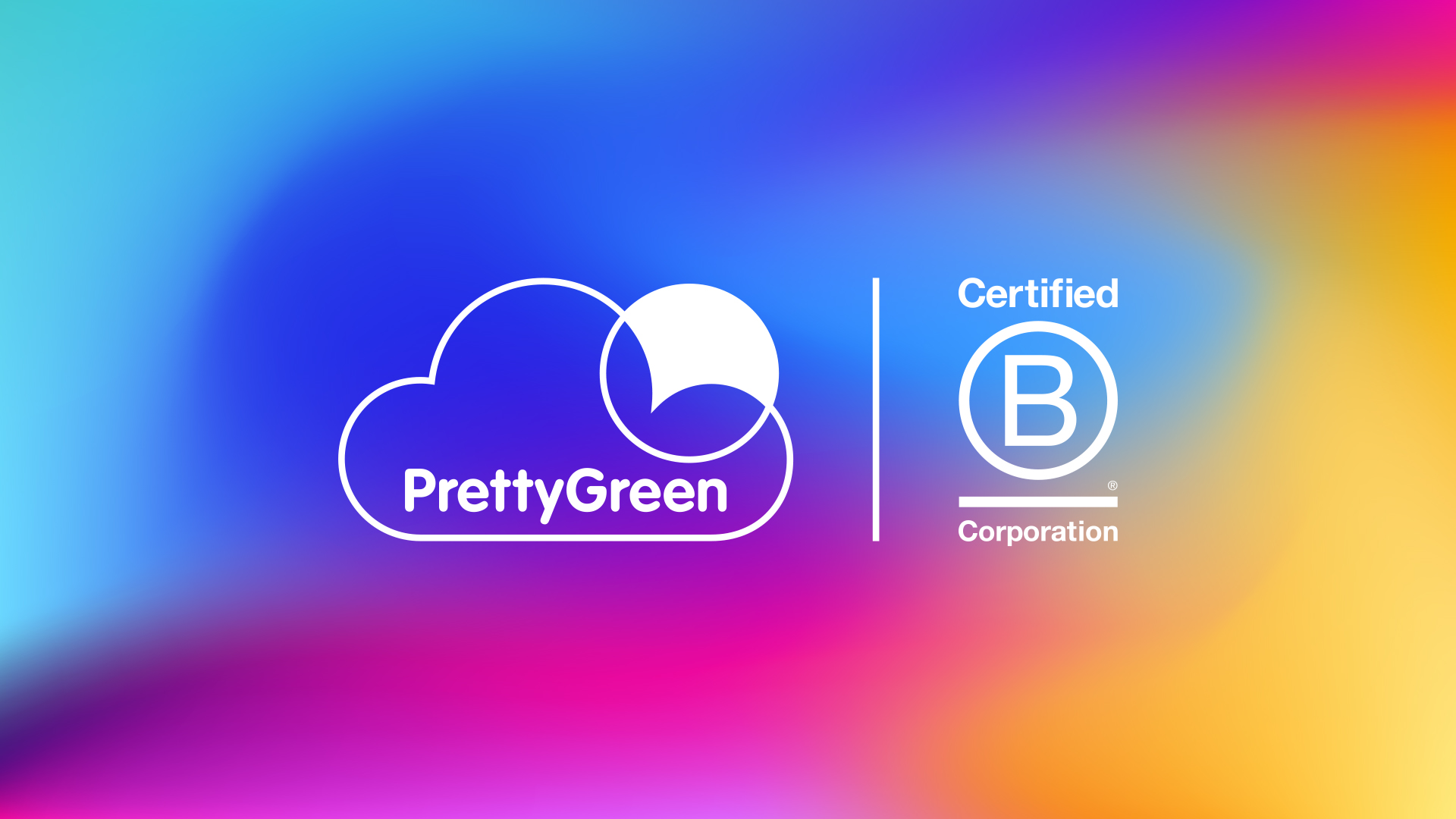 A white prettygreen and white bcorp logo on a graidient background