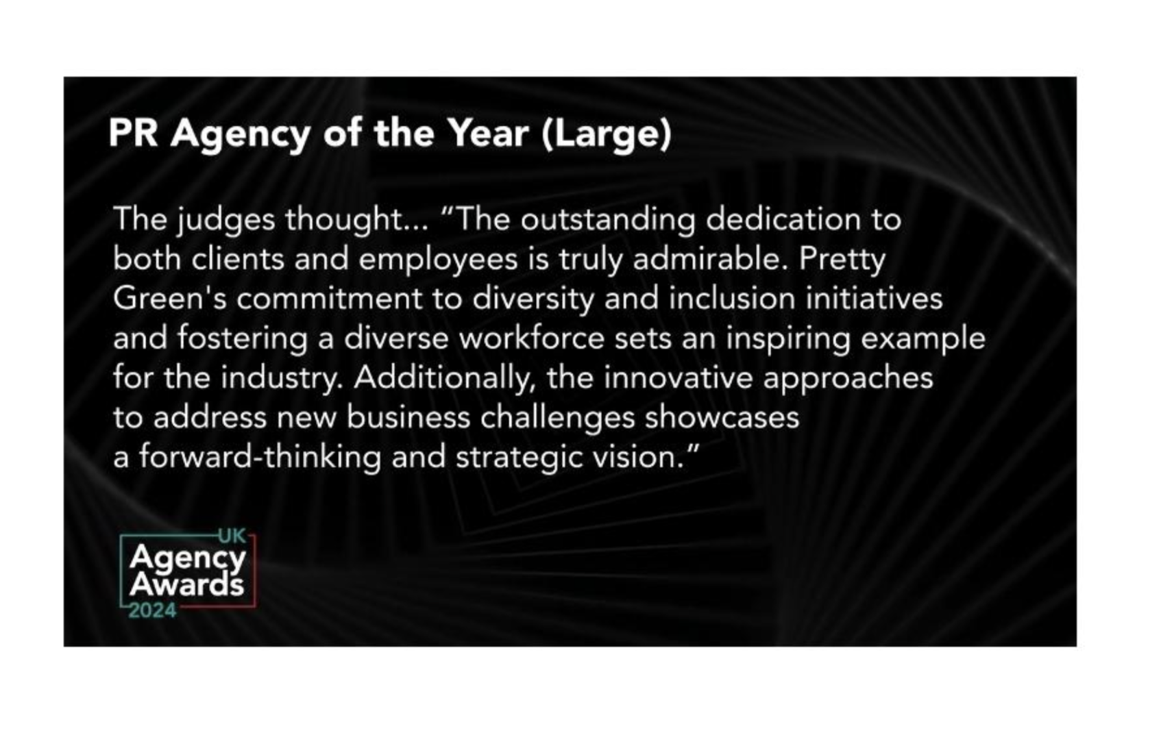 Is a black background with the judge's quote for the award win saying: